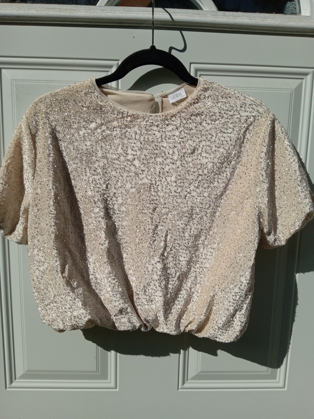 Zara Champagne Glittler Beaded Puff Short Sleeve Top Cropped Size M/L Holiday